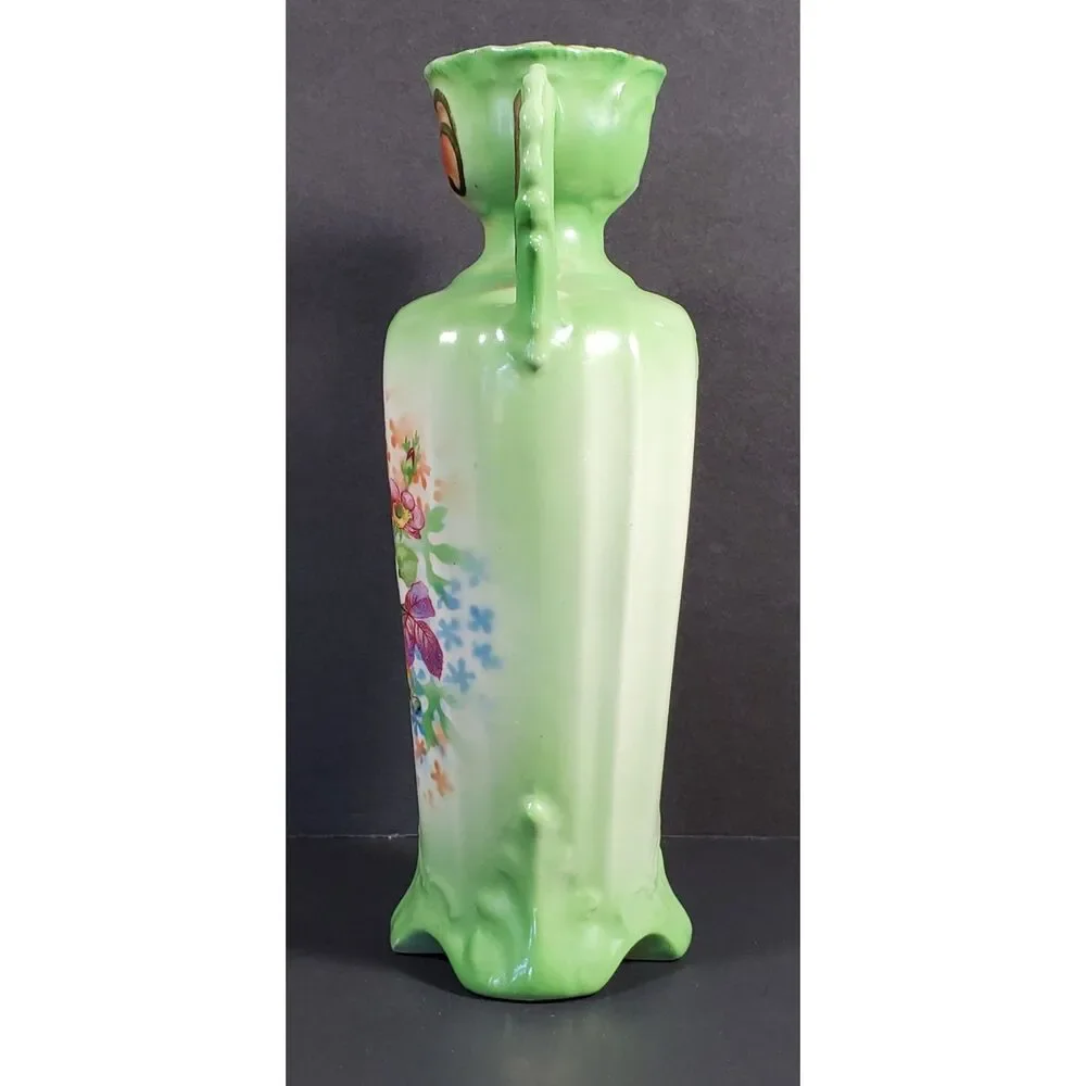 Vintage Green Floral Double Handle Made in Czechoslovakia Porcelain Vase Urn